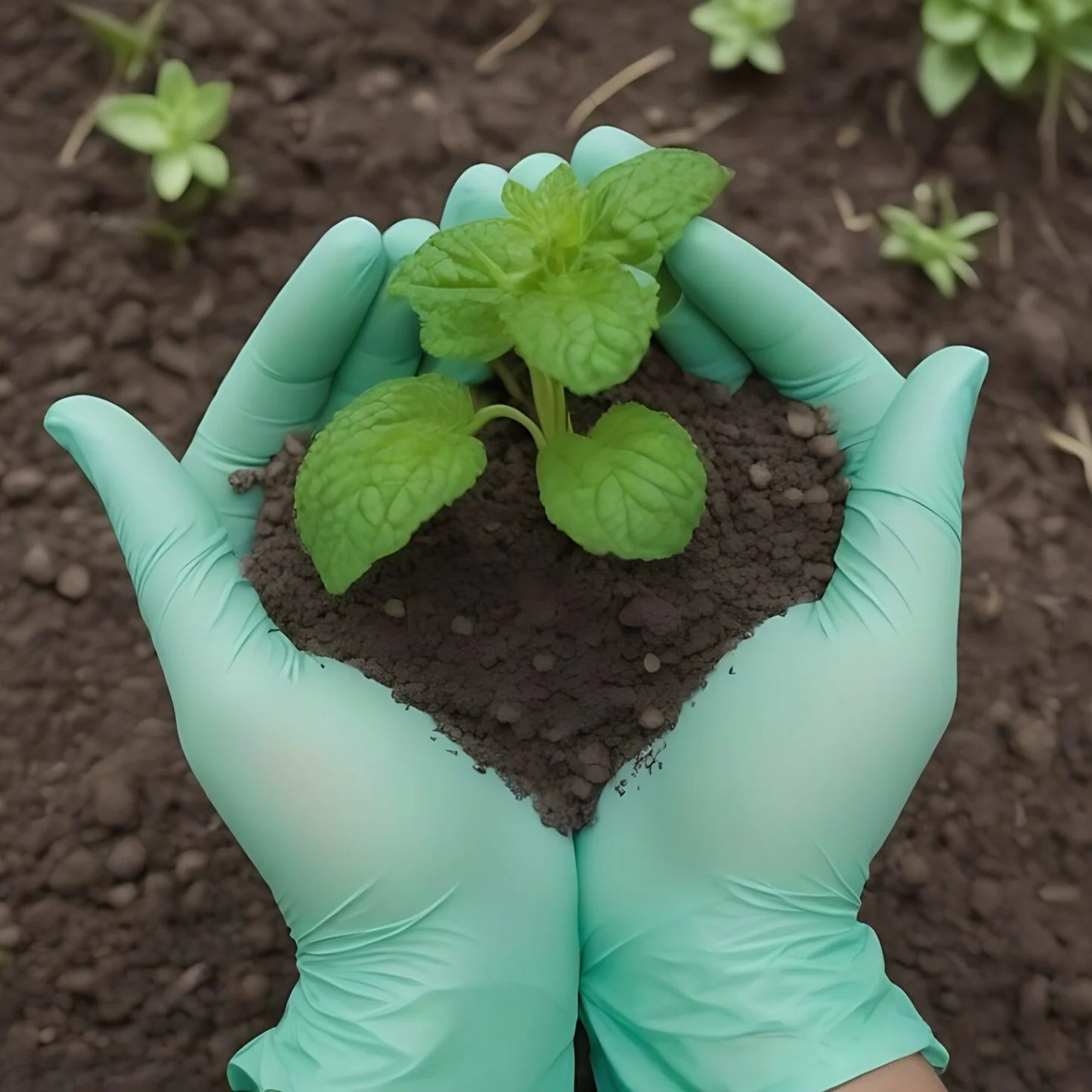 hand-wearing-mint-green-nitrile-gloves-holding-dirt-and-plants
